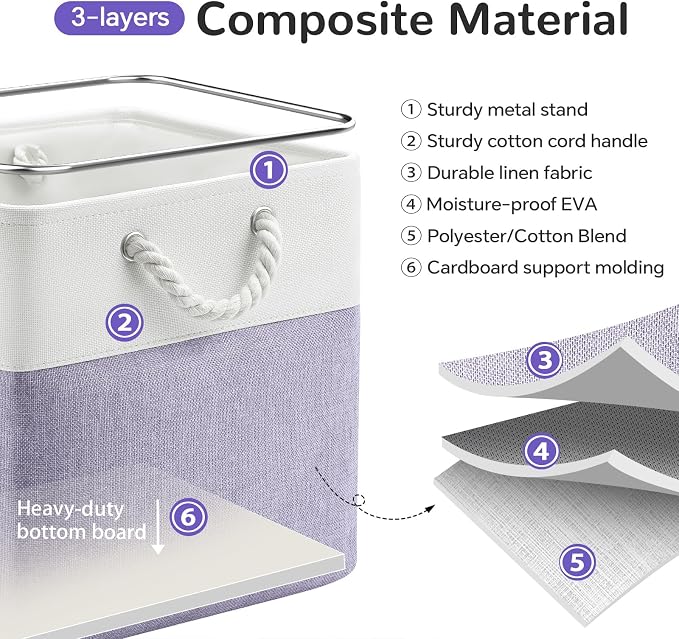 12 x 12 Inch Cube Storage Bins, 4 Pack Fabric Storage Basket with Handles, Foldable Boxes Organizer for Shelf Baskets for Home, Clothes (White/Purple) - Image 4