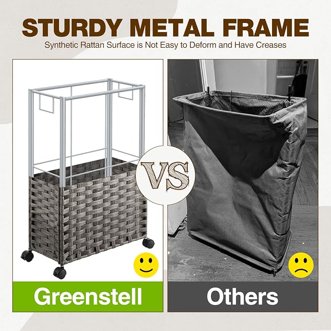 Greenstell Laundry Hamper with Wheels, 11.9 Gallon (45L) Small Clothes Hamper with 2 Removable Liner Bags & 2 Mesh Bags, Slim Rattan Laundry Basket for Bathroom, Bedroom, Grey - Image 7