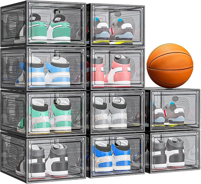 caktraie 10 Pack Thicken Shoe Organizer Stackable,Upgraded Sturdy Shoe Storage Box with Magnetic Door,Shoe Containers For Sneaker Display,Hat Organizer,Black… by shoeboxesanddeskorganizers