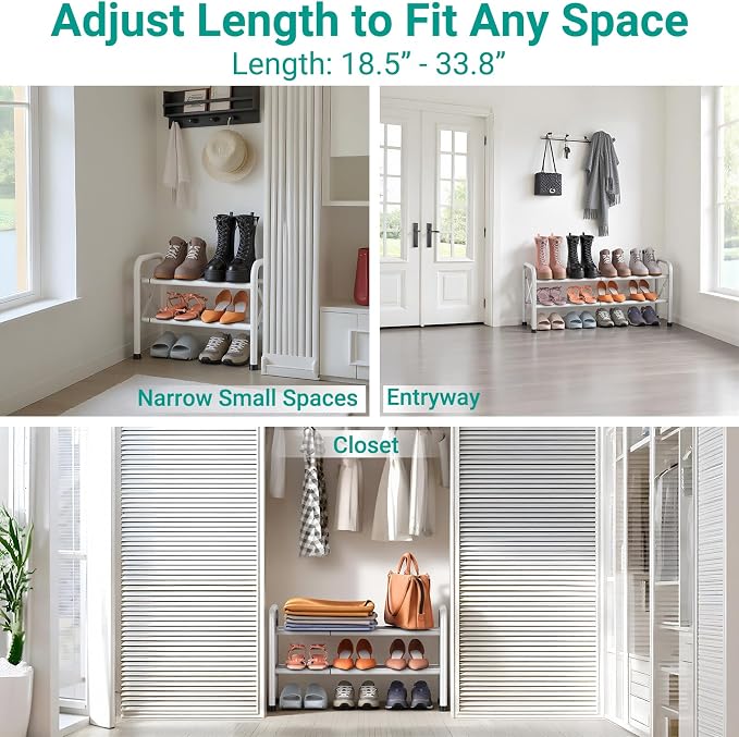 YEASHEIN 2-Tier Expandable Shoe Rack for Closet Floor, X-Frame Metal Small Shoe Rack for Entryway, Adjustable Shoe Shelf Organizer, Free Standing Shoe Racks for Front Door Entrance, Garage - White - Image 3