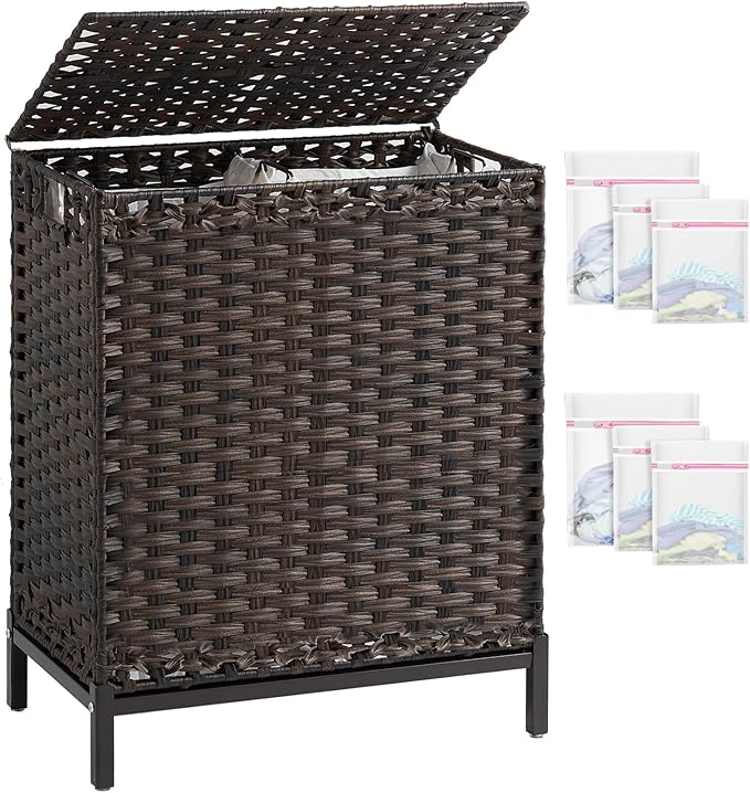 SETVSON Laundry Hamper with Lid, 112 L Handwoven Rattan Wicker Laundry Basket, 2 Removable Liner Bags Metal Heightened Feet, 6 Mesh Bags, 2 Section Large Clothes Hamper for Bathroom Bedroom, Brown by SETVSON
