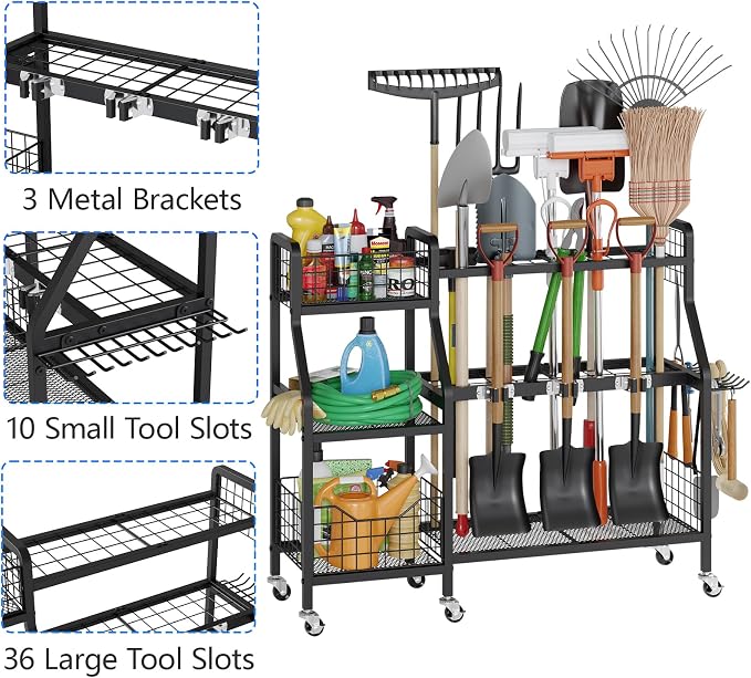 keomaisyto Garden Tool Organizer with 6 Wheels(3 lockable), Heavy Duty Yard Tool organizer with 2 Basket, Large Metal Garage Tool Organization and Storage for Garage/Shed/Yard/Broom Closet/Lawn - Image 7