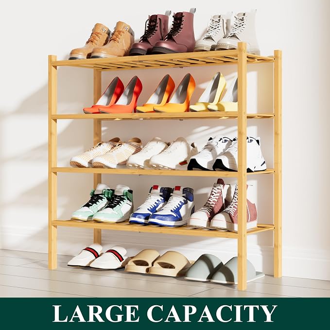 Smiry Shoe Rack, 4 Tier Bamboo Shoe Organizer, Stackable Free Standing Wooden Shoe Storage Shelf for Closet, Entryway, Front Door Entrance, Natural - Image 5