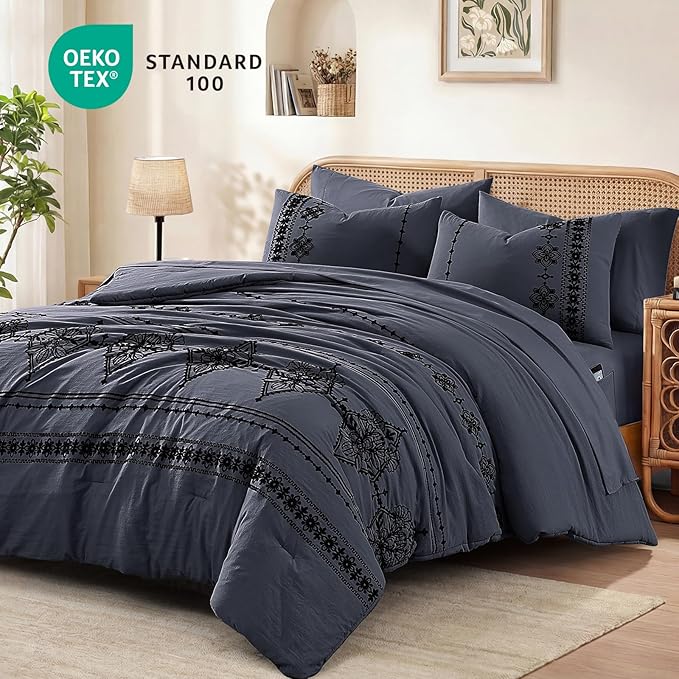 MaiRêve Full Size Comforter Set Crown Blue, Embroidery Floral Western Boho Bedding Set, All Season 7 Pieces Bed in a Bag with Sheets, Pillowcases & Shams