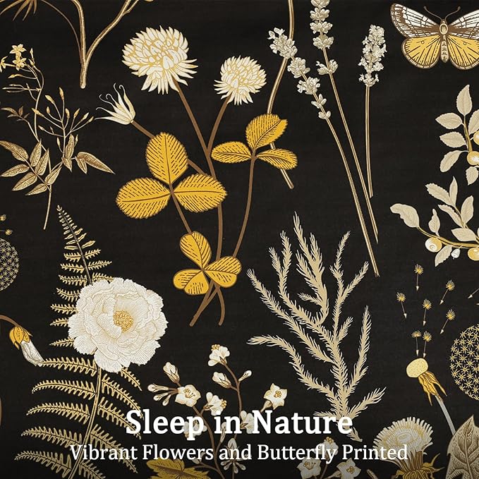 Yiran King Size Comforter Set, 7 Pieces Black Floral Soft Bedding Sets, King Bed in a Bag Brown Botanical Flowers Winter Comforter, Sheets, Pillowcases & Shams