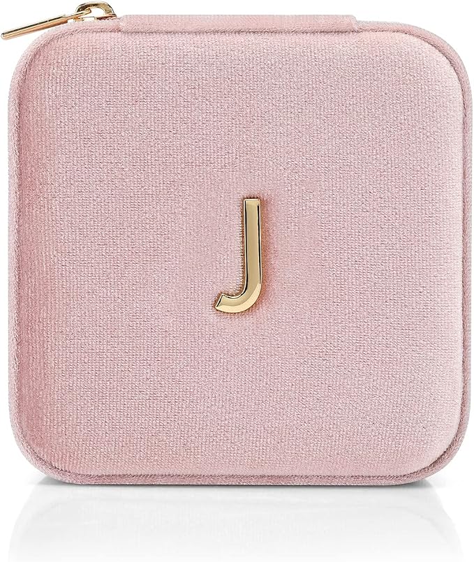 Vlando Small Travel Jewelry Box Organizer Display Case for Rings Earrings Necklaces Storage, Selected Soft Velvet, Letter J Engraved, Pink - Image 6