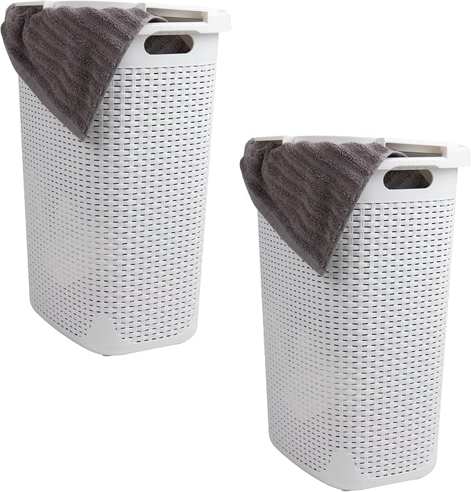 Mind Reader Slim Laundry Hamper with Lid, 60L Tall Clothes Basket, Narrow Tapered Design for Bathrooms, Closets and Laundry Rooms, Plastic, 2 Pack, White by MindReader