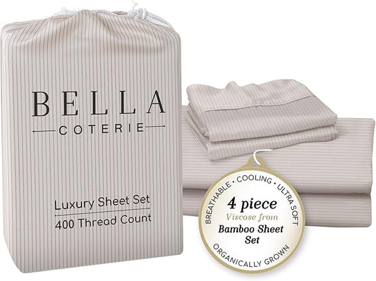 Bella Coterie Luxury Bamboo Viscose King Size Sheet Set | 100% Organically Grown | Ultra Soft | Cooling for Hot Sleepers | 18" Deep Pocket [Striped Dune]