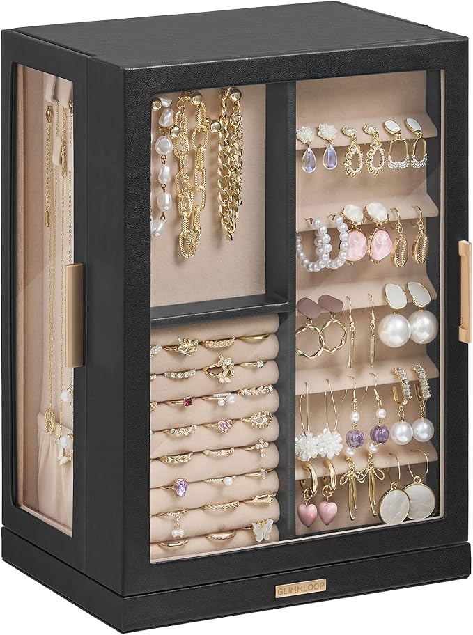 Glimmloop 360° Rotating Jewelry Box with 7 Drawers, Spacious Vertical Jewelry Organizer with Glass Window, Jewelry Storage Case, Dustproof & Moisture-resistant Design, Black by Glimmloop
