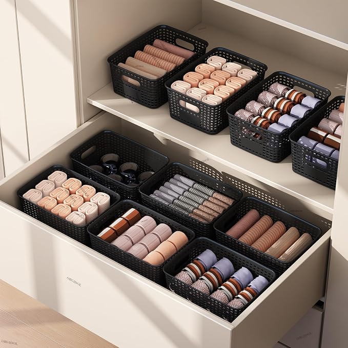 ORGIDOL Plastic Storage Basket with Lids 12 Pack Stackable Black Storage Bins Containers with Lid, Decorative Storage Boxes for Organizing Shelves, Drawers, Playroom, Classroom, Office, Closet - Image 9