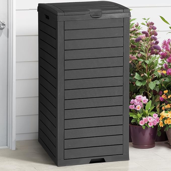 DWVO 38 Gallon Large Outdoor Trash Can, Waterproof Resin Hideaway Garbage Bin with Lid and Drip Tray, Outside Trash Bin for Porch, Backyard, Deck, Patio, Poolside, Easy to Clean, Black by DWVO