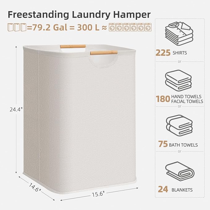 STORAGE MANIAC 3-Pack Large Laundry Hamper, 100L (26.4 Gal) Collapsible Laundry Basket with Bamboo Handles, Freestanding Waterproof Clothes Hamper for Laundry Room, Bedroom, Dorm, Towels, Toys, White - Image 4