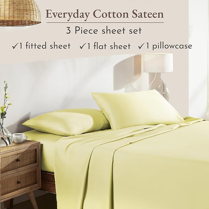 California Design Den Twin Size Sheets Set - Natural 100% Cotton Sheets Twin Size Set, 12" Pockets, Soft Sateen, Breathable and Durable Bedding for Dorm Rooms, College (Buttery Yellow)