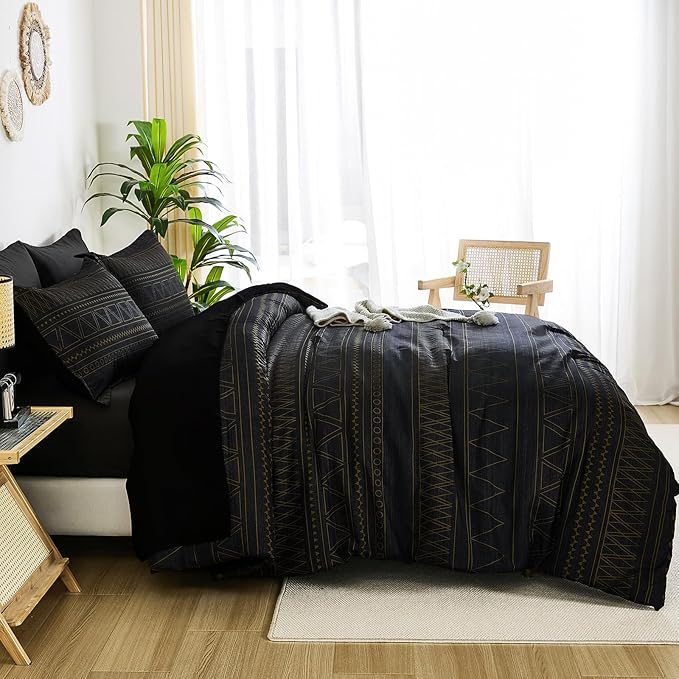 WONGS BEDDING King Size Comforter Set 7 Pieces, Boho Black Gold Geometric Striped Comforter for King Bed in a Bag, Soft Microfiber Bedding Set with Pillowcases, Flat Sheet, Fitted Sheet, Pillow Shams
