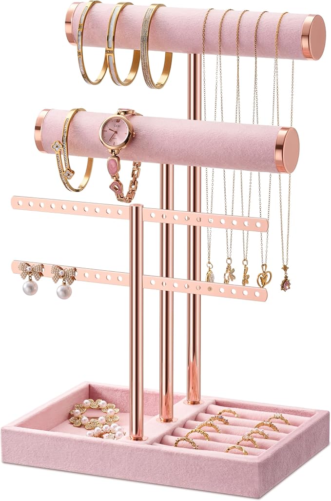bussdis 3 Tier Bracelet Holder Display - Detachable T Bar Pink Velvet Bracelet Holder, Jewelry Holder Organizer for Bracelet, Necklace, Earrings, Rings by BUSSDIS