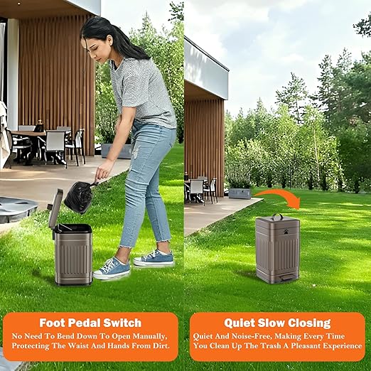 Dog Poop Trash Can Outside, 5L/1.3Gal Metal Dog Waste Trash Can with Lid, Foot Pedal, Pet Waste Container with 40 Bags, Poop Bucket with Lid Soft Close for Pet, Brown - Image 6