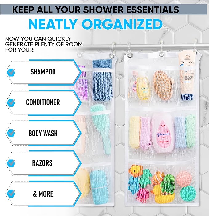 Handy Laundry Hanging Shower Organizer (2-Pack) - 9-Pocket - Mesh Caddy with Deep Storage Pockets for Organizing Bathroom Toiletries and Kids Bath Toys - Hang on Existing Shower Curtain Rings - Image 3