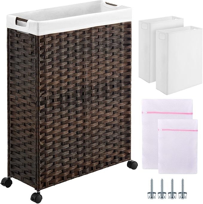 Greenstell Laundry Hamper with Wheels, 17.4 Gallon (66L) Slim Laundry Basket with 2 Removable Liner Bags & 2 Mesh Bags, Narrow Rattan Clothes Hamper for Bedroom, Laundry Room, Bathroom, Brown by Greenstell