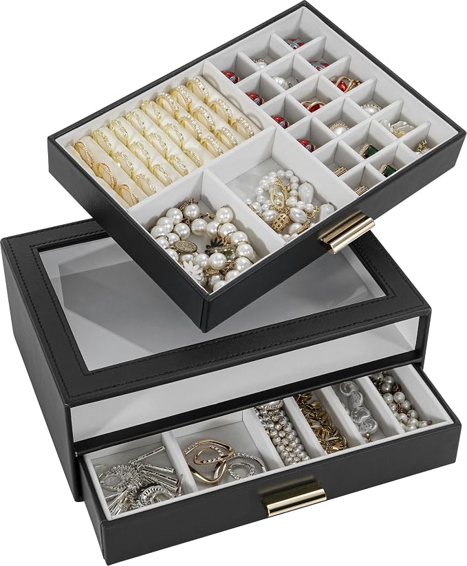 AKOZLIN Jewelry Box with Clear Lid Functional Leather Jewelry Storage Organizer Case 2 Drawers for Women Girls Necklace Ring Bracelet Earring - Image 7