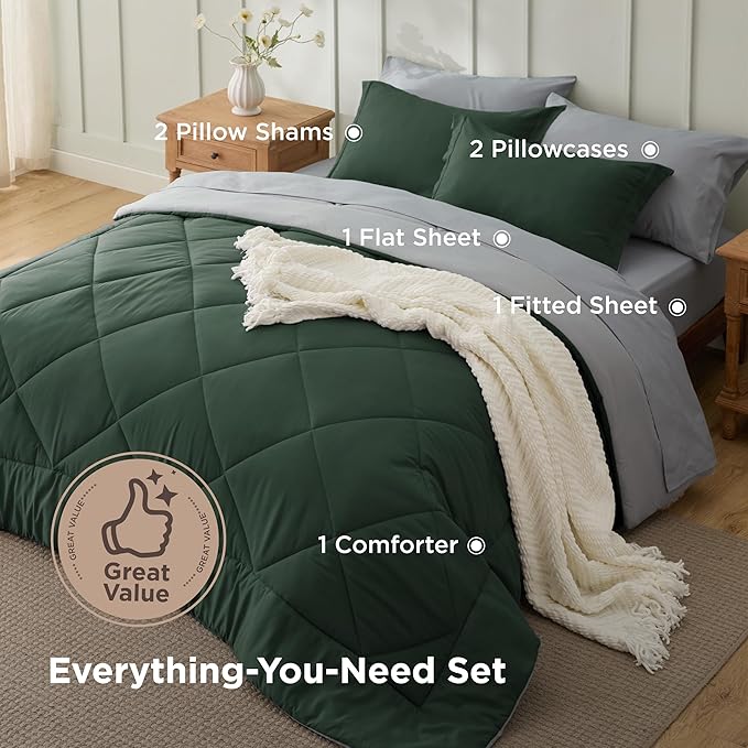 Bedsure Full Size Comforter Set - 7 Pieces Reversible Forest Green Bedding, Full Size Bed Set for All Seasons, Bed in a Bag with Down Alternative Comforter, Sheets, Pillowcases & Shams
