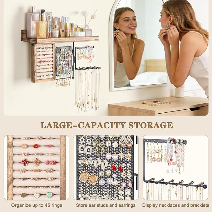 SOLIMINTR Hanging Jewelry Organizer Wall Mount with Rustic Wood Shelf, Ring Display Box, Ear Studs Earring Holder, Rotating Necklace Holder Organizer - Image 2