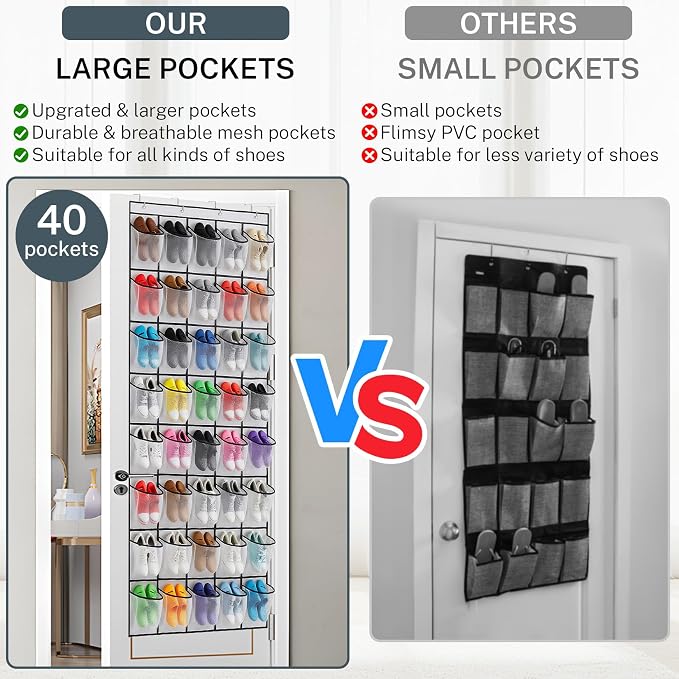 40 Large Mesh Pocket Over the Door Shoe Organizer,Hanging Shoe Rack for Door,Hualleko Shoes Organizer Hanger with Large Capacity, Shoes Storage Holder Sturdy Non-woven Fabric - Stores 20 Pairs (White) - Image 6