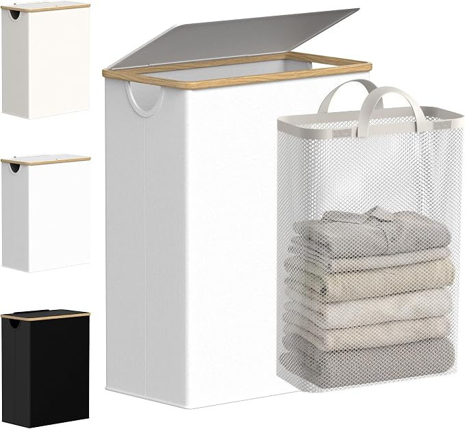 efluky Slim Laundry Basket with Lid, Narrow Laundry Hamper with Removable Bag, Skinny Dirty Clothes Basket with Bamboo Handles for Bathroom, Bedroom & Laundry Room, 65L White by efluky