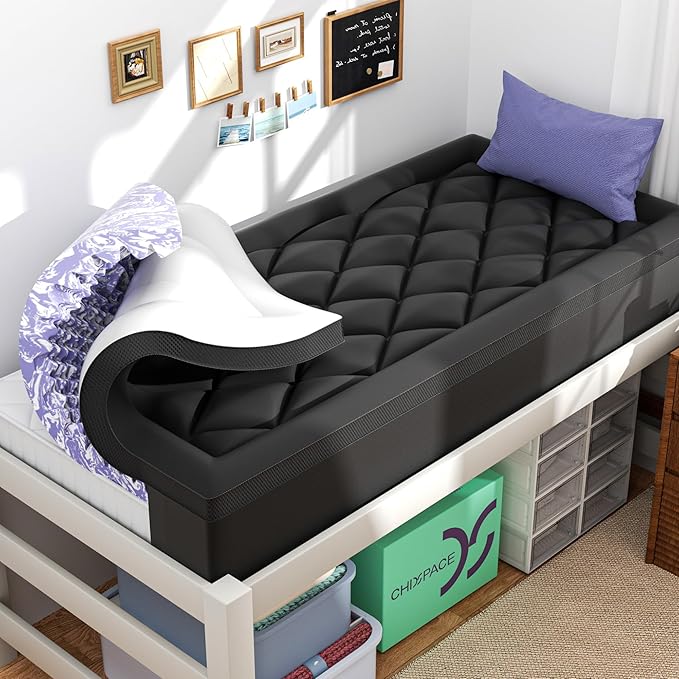 ChiXpace Dual Layer 4 Inch Memory Foam Mattress Topper Twin XL - 2 Inch Gel Memory Foam and 2 Inch Pillow Top Mattress Pad, 7-Zone Egg Crate Twin XL Size Mattress Topper (Black-White)