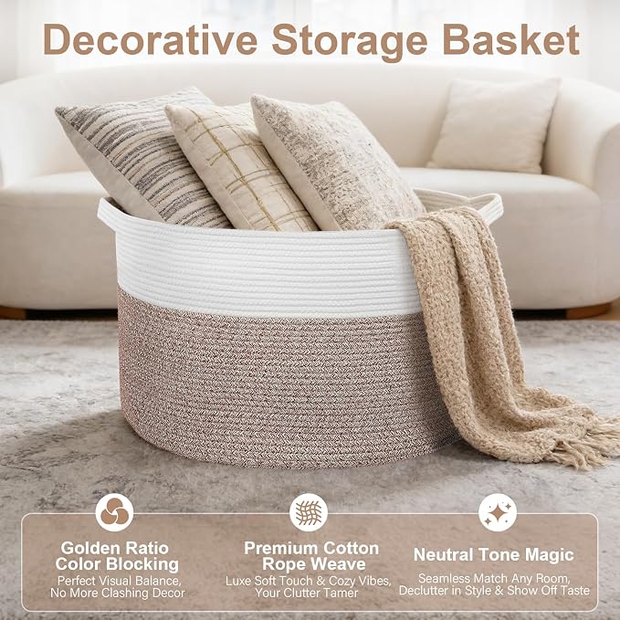 XXXL Large Laundry Basket, 105L Soft Cotton Rope Basket, Blanket Storage and Organizers, Baby Nursery Laundry Hamper, Extra Large Toys Storage Bins for Kids 23.6'' x 14.6'', White & Brown - Image 3