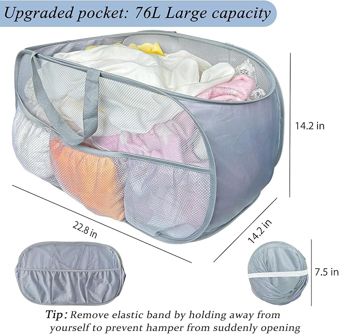 Collapsible Laundry Baskets 2 Pack, Mesh Pop Up Hamper with Handles, Portable Stair Basket, Dorm or Room Folding Bin, Dirty Clothes Hamper Light Breathable. Grey. 2H - Image 3