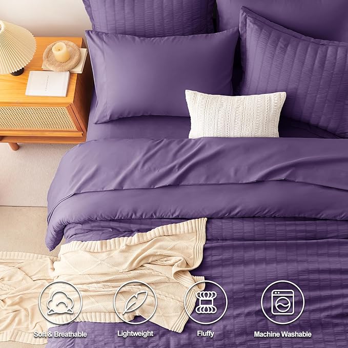 CozyLux King Size Comforter Set Purple Seersucker 7 Pieces Bed in a Bag King Comforter Set with Sheets, Luxury Soft Bedding Sets with Down Alternative Comforter, Sheets, Pillowcases & Shams All Season
