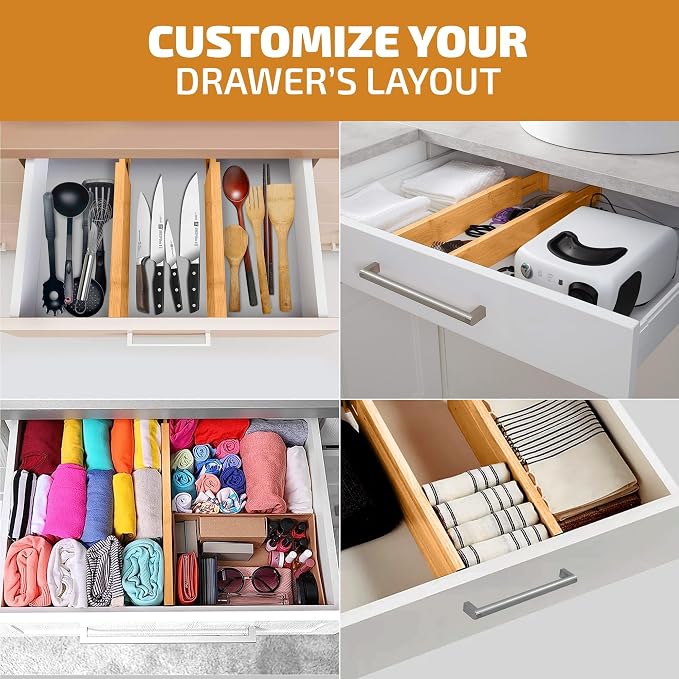 4-Pack Bamboo Drawer Dividers - 2.6 in High, Adjustable 16 to 22 in Expandable Drawer Organizers and Dresser Separators for Clothes, Bedroom, Bathroom, Kitchen, and Office Organization and Storage - Image 7