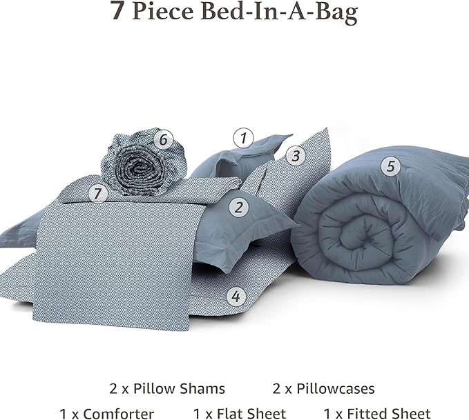 Monbix King Size Comforter Set - 7 Pieces Oxford Blue Prewashed Bed in a Bag King Bedding Sets with Comforters, All Seasons Ultra Soft Comforter Bed Set with Sheets,Pillowcases & Shams