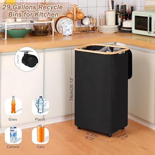 iEGrow Recycling Bin for Kitchen, Indoor Home Recycle Bins with Wheel, 29 Gallons Large Recycling bin with 2 Removeable Reusable Inner Bags, for Bottles Cans Glass Plastice Cartons(Black) - Image 3