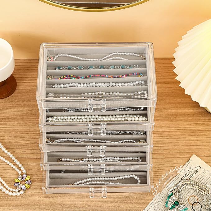 5 Drawerss Necklace Organizer Box, Tray with Clear Lid, Dustproof Velvet Necklaces Holder Storage Display Case, Gery Necklace Tray Drawer Insert for Pendant Suitable for Women and Girls (25 grids) - Image 6