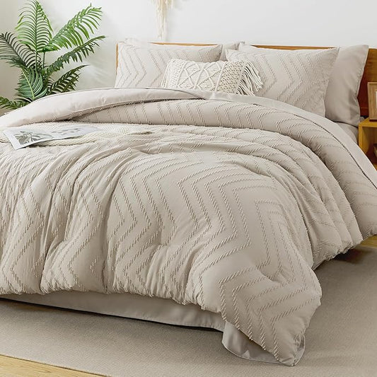 Litanika California King Size Comforter Set with Sheets Beige - 7 Pieces Bed in a Bag Cal King Chevron Tufted Complete Bedding Sets with Comforter, Sheets, Pillowcases & Shams
