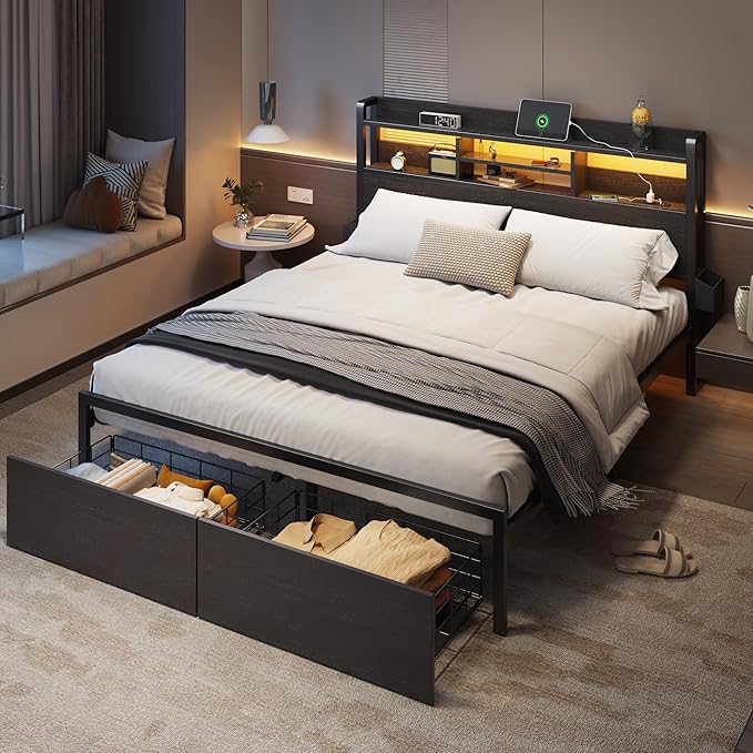 Furnulem Queen Bed Frame with Wood Headboard and Storage Shelf, Metal Platform Bed Frame Queen Size with Storage Drawers, LED Lights and Charging Station, No Box Spring Needed, Noise Free, Black