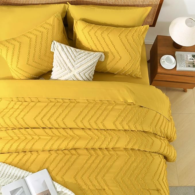 Litanika Queen Size Comforter Set with Sheets Mustard Yellow - 7 Pieces Bed in a Bag Queen Chevron Tufted Complete Bedding Sets with Comforter, Sheets, Pillowcases & Shams