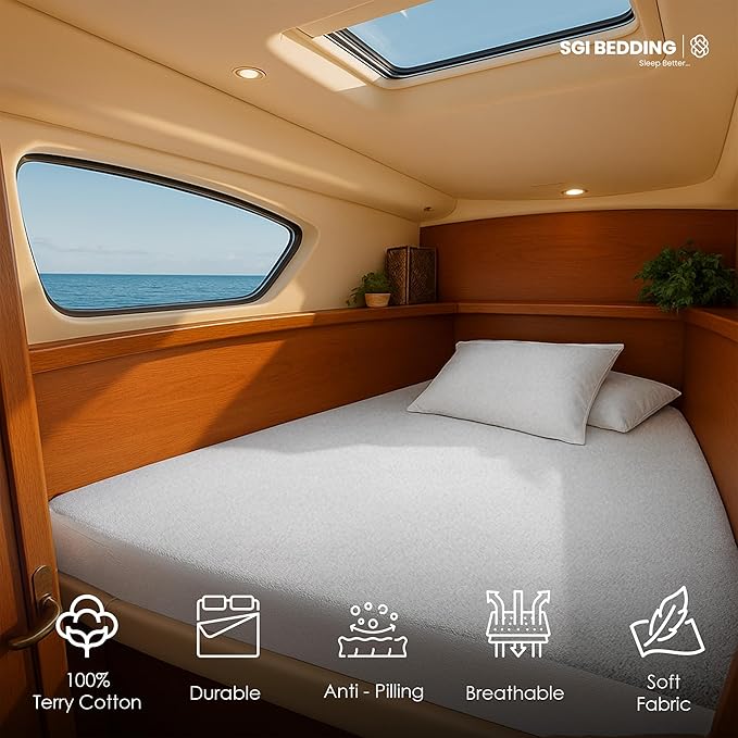 SGI Bedding Waterproof XL V Berth Mattress Protector 102" Head x 82" Length x 30" Foot – 15" Deep Pocket, 360° Fitted Style Mattress Pad Cover, Soft Noiseless & Breathable Cover for Boat – White
