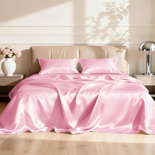 Love's cabin Full Size Satin Sheet Sets - 4 Piece Pink Silky Sheet Set Full with Deep Pocket, Luxury Silk Feel Bed Sheets Full Bedding Set (1 Flat Sheet,1 Fitted Sheet,2 Pillow Cases)