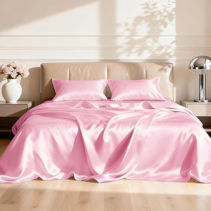 Love's cabin 4Piece California King Satin Bed Linen Set, Pink Silky Satin Sheets, Deep Pocket, Luxury Silk Feel, 1 Flat, 1 Fitted Sheet, 2 Pillow Cases