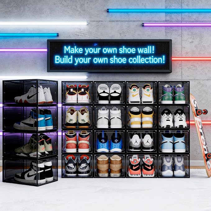 Pinkpum Upgraded Hard Shoe Storage Box 12 Pack X-Large Fit Size 12, Thicken & Sturdy Clear Plastic Stackable Shoe Organizer Box Closet, Sneaker Storage Display Case with Magnetic Door Black - Image 7
