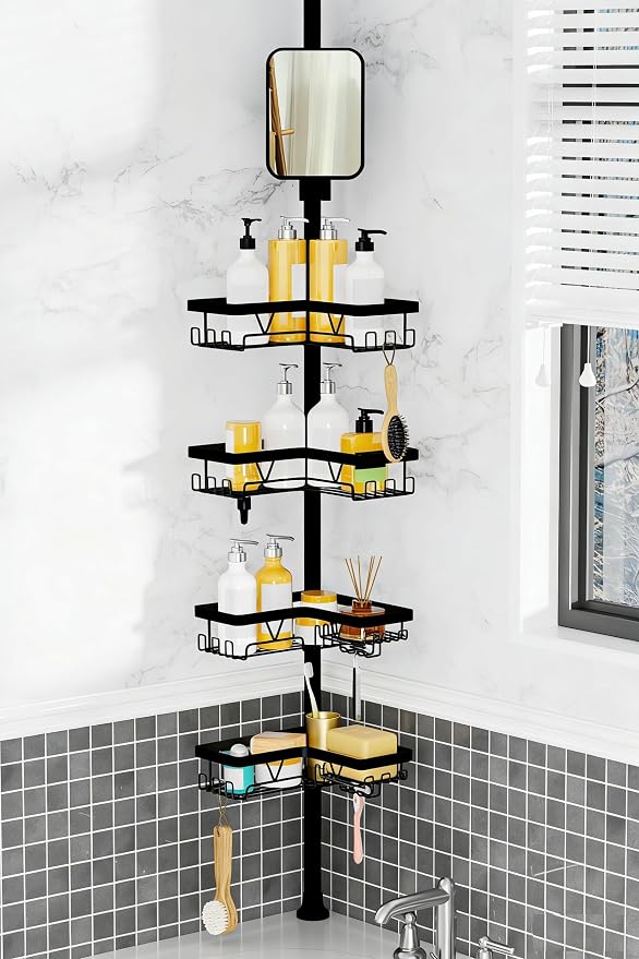 DAOYA Shower Caddy Tension Pole with Anti-Fog Shaving Mirror, Tension Rod Shower Caddy Corner for Bathroom Organizer, Black by DAOYA