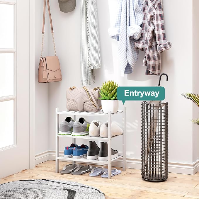 viewcare Small Shoe Rack for Entryway, White Shoe Organizer for Closet, Bamboo Wood Standing Shoe Shelf for Indoor Outdoor (White, 3-Tier_Samll) - Image 3