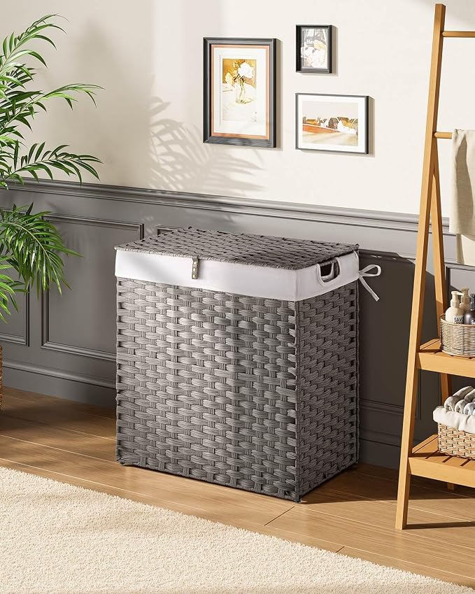 Greenstell Laundry Hamper with lid, No Install Needed, 110L Wicker Laundry Baskets Foldable 2 Removable Liner Bags, 2 Section Clothes Hamper Handwoven Rattan Laundry Basket with Handles, Gray - Image 2