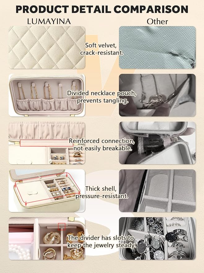 Velvet Travel Jewelry Box with Large Mirror, Double-Layer Jewelry Organizer Case for Women and Girls, Portable Storage Case with 6 Anti-Tarnish Bags Gift Ready for Her (Beige) - Image 6