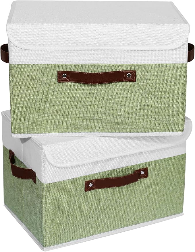 ANMINY 2PCS Storage Boxes with Lid Washable Decorative Storage Bins Basket with PU Leather Handle Foldable Linen Fabric Storage Cubes Containers for Home Closet Organizer - Green White, Large Size - Image 2