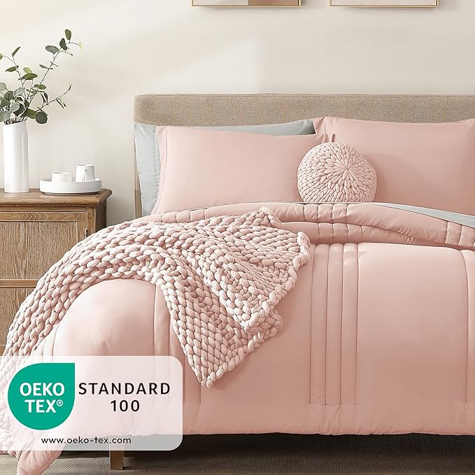 Monbix Full Comforter Set - 7 Pieces Light Pink Bed in a Bag Full Size Bedding Sets with Comforters, All Seasons Comforter with Sheets, Pillowcases & Shams