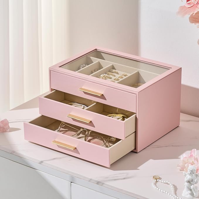 pickpiff Jewelry Box Organizer Case for Women: 3-Layer Jewelry Storage Case with Glass Window, Pink Leather with Velvet Holder for Ring Necklace Bracelet Brooch Watch, Great Gift for Her - Image 2