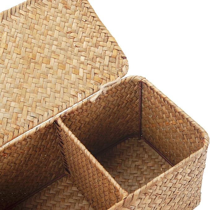 Seagrass Tank Basket with Lid Woven Toilet Roll Storage Basket with Sections Rectangular for Organize Snack Toys Tampon (Large Compartment 16.5inch L x 5.5inch W x 5.5inch H) Natural - Image 5